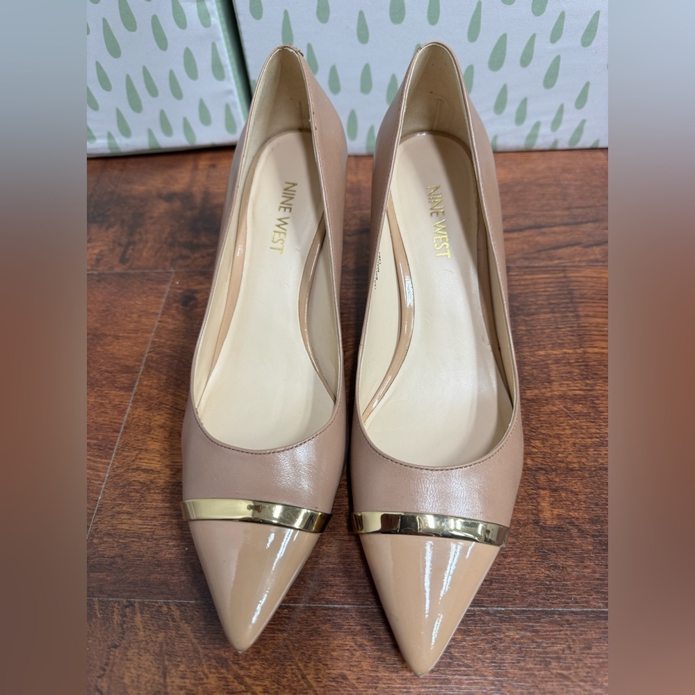 Nine West Nude Patent Pointed-Toe Pumps with Gold Bar
